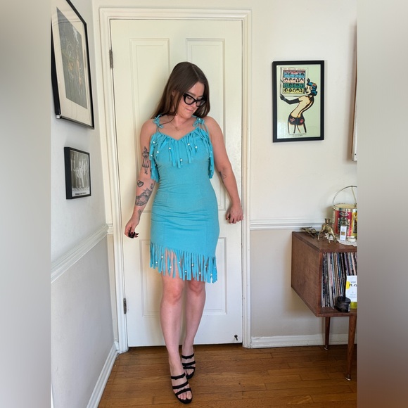 80s Vintage Fredricks of Hollywood Blue Ultra-Suede Fringe Dress - Picture 1 of 10